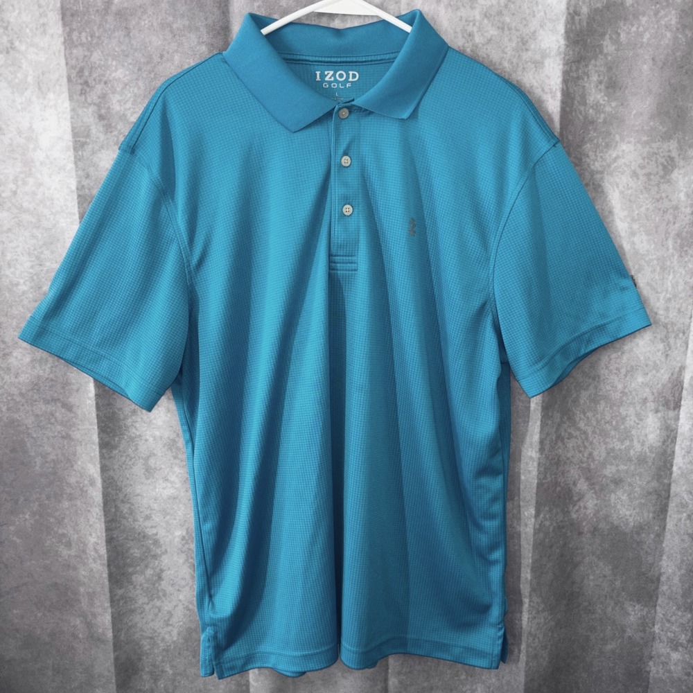 IZOD Golf Performance Polo Shirt‎ Mens Large Checker Turquoise Blue Sporty